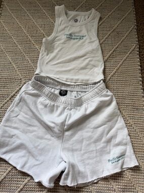 PacSun White Tank Top and Shorts Lounge Set with Light Teal Logo